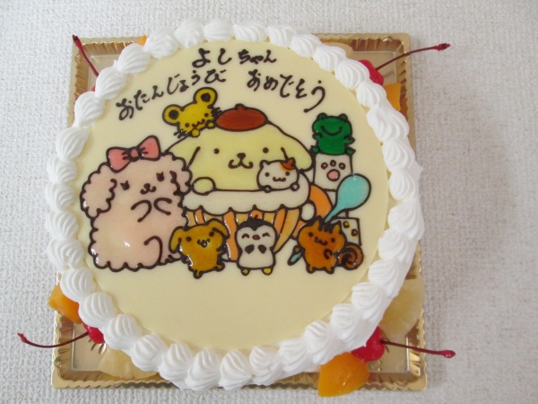 通販ケーキで ご指定のイラストのポムポムプリンの仲間たちをプレートでトッピング 大阪市東住吉区 パティスリーデコ