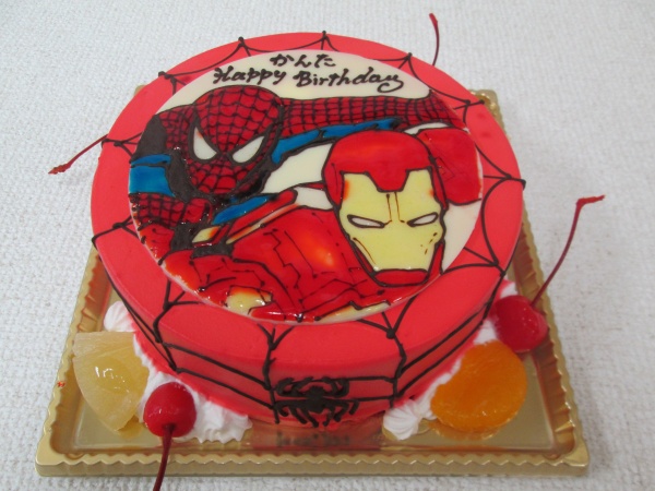 通販ケーキで スパイダーマンとアイアンマンをプレートでトッピング 大阪市東住吉区 パティスリーデコ