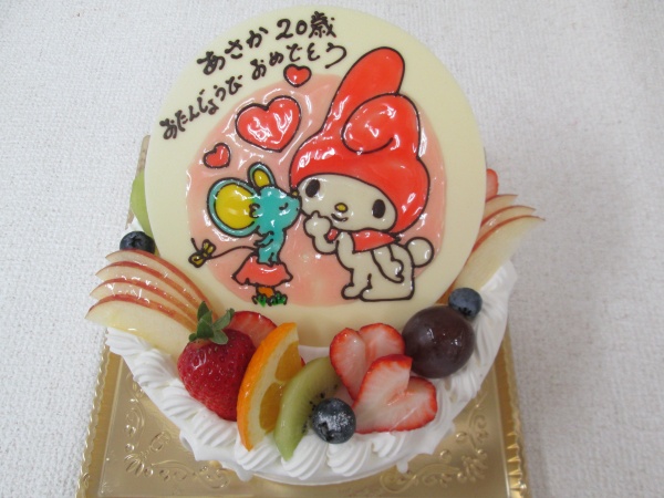バースデーケーキに ご指定のマイメロちゃんのイラストをプレートでトッピング 大阪市東住吉区 パティスリーデコ