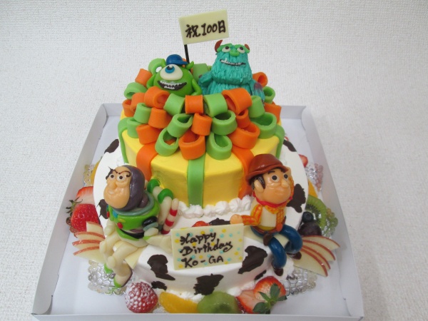 バースデーケーキに2段ケーキで リボンデコケーキとトイストーリーイメージケーキにキャラクターを立体で 大阪市東住吉区 パティスリーデコ