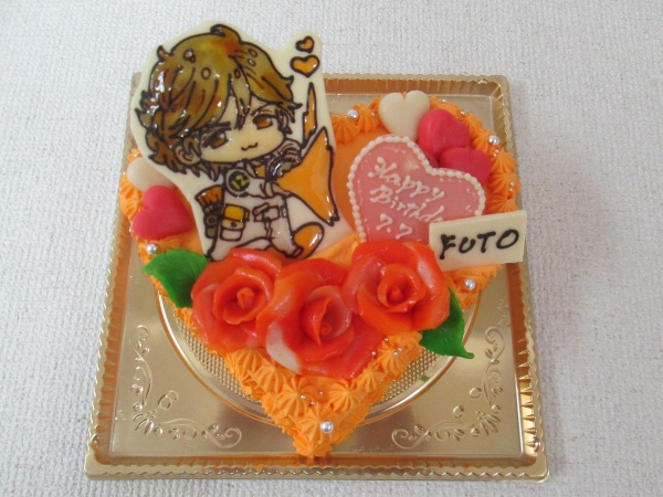 バースデーケーキに オレンジ色のハート形ケーキにご指定のキャラをプレートでバラを立体で 大阪市東住吉区 パティスリーデコ
