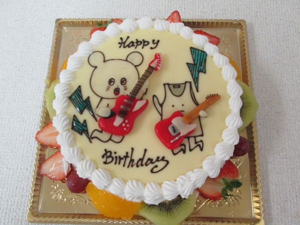 バースデーケーキに 立体のギターを持つキュウソネコカミとヤバイtシャツ屋をプレートで 大阪市東住吉区 パティスリーデコ
