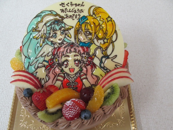 バースデーケーキに はぐっとプリキュアの3人をプレートでトッピング 大阪市東住吉区 パティスリーデコ