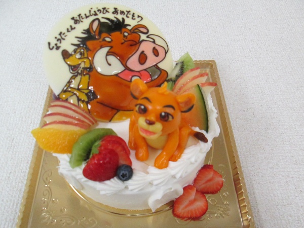 バースデーケーキに ライオンキングのレオを立体で イノシシとミーアキャットをプレートで 大阪市東住吉区 パティスリーデコ