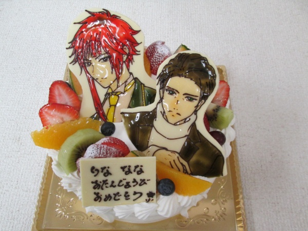 バースデーケーキに ご指定のキャラクター2人を型抜きプレートでトッピング 大阪市東住吉区 パティスリーデコ