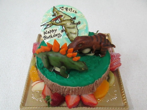 バースデーケーキに 草原イメージケーキにプラテノドンをプレートで恐竜2体を立体で 大阪市東住吉区 パティスリーデコ