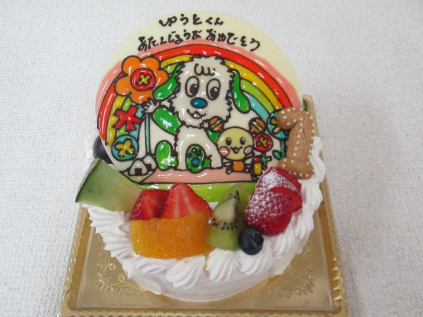 バースデーケーキに わんわんうーたんのご指定イラストを背景付のプレートでトッピング 大阪市東住吉区 パティスリーデコ