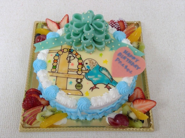 バースデーケーキに ご指定の鳥のインコのイラストとドット付デコリボンを立体でトッピング 大阪市東住吉区 パティスリーデコ