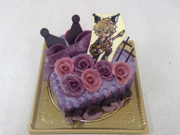 バースデーケーキに ハート形のご指定デザインケーキに 紫系のリボンやバラをトッピング 大阪市東住吉区 パティスリーデコ